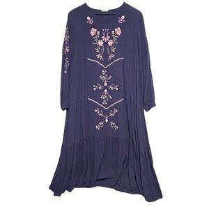 Orange Creek Dress Womens Large Blue Embroidered Floral Boho Swing Trapeze